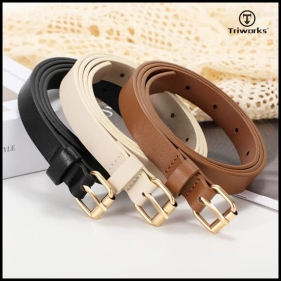 Skinny PU Leather Belt with Gold Buckle for Women